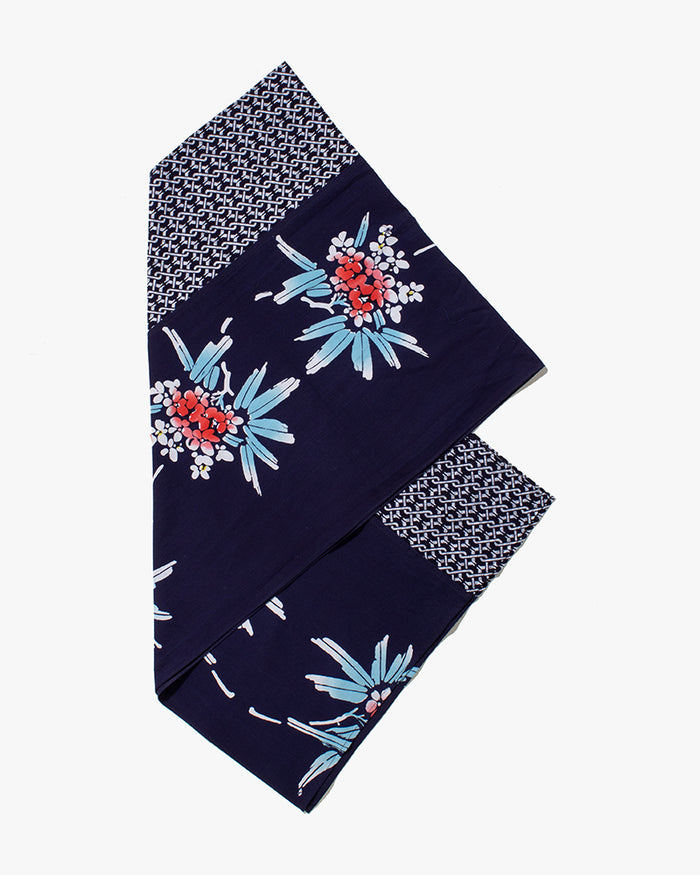 Kiriko Original Scarf, Split Yukata, Wide, Navy with Shima and Red Hydrangeas
