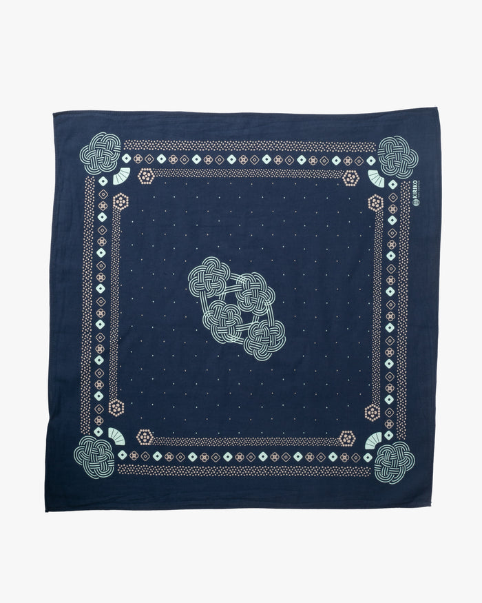 Kiriko Original Screen Printed, Custom-Dyed Bandana, Mizuhiki - Navy