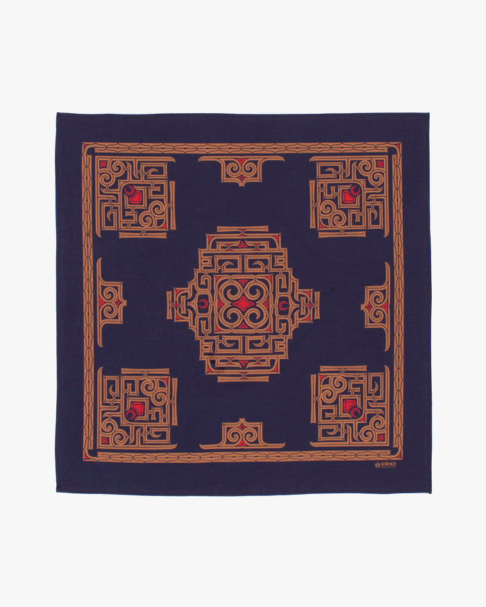 Kiriko Original Screen Printed, Custom-Dyed Bandana, Navy Ainu
