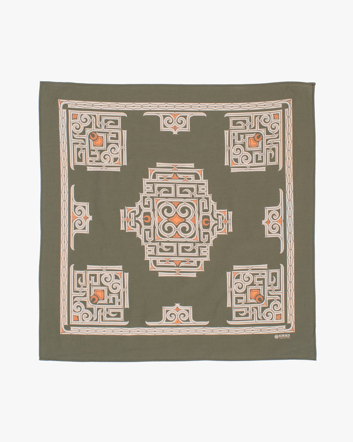 Kiriko Original Screen Printed, Custom-Dyed Bandana, Olive Green Ainu