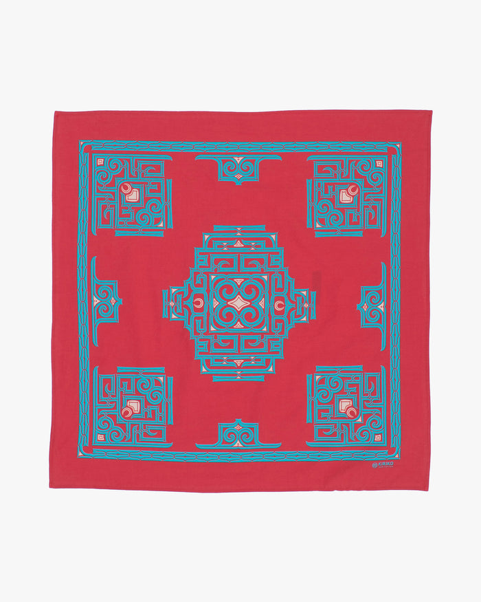 Kiriko Original Screen Printed, Custom-Dyed Bandana, Red with Blue Ainu