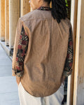 Kiriko Original Shirt, Long Sleeve Button-Up, Oversized Mandarin Collar, Amber Chambray with Azuki Patchwork Style