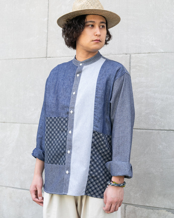 Long sleeve shirt with patched mandarin collar in Shippou pattern by Kiriko Made