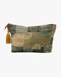 Sage and gold patchwork stand-up pouch with tassel by Kiriko Made