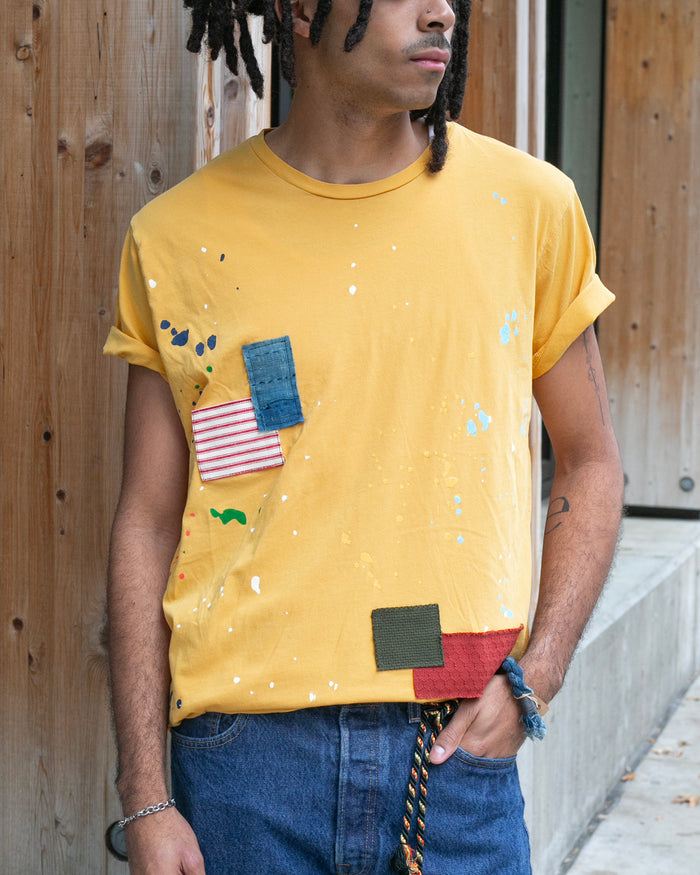 Sunflower cotton painter tee with fabric patches by Kiriko Made