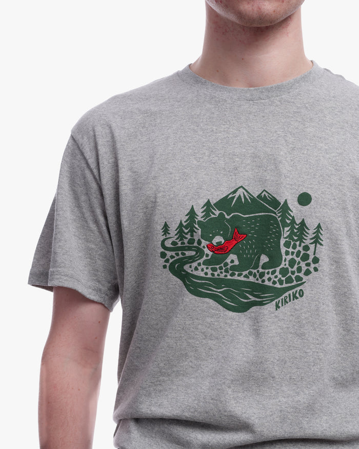 Grey cotton tee with embroidered fish design by Kiriko Made