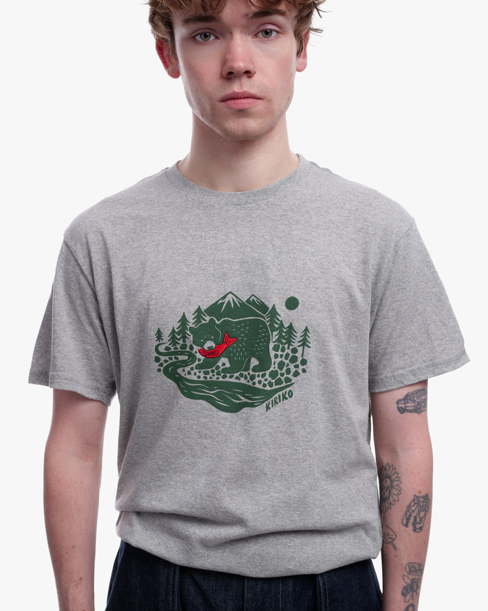 Kiriko Original Tee, 4 oz. US Made, Kuma with Embroidered Fish, Grey