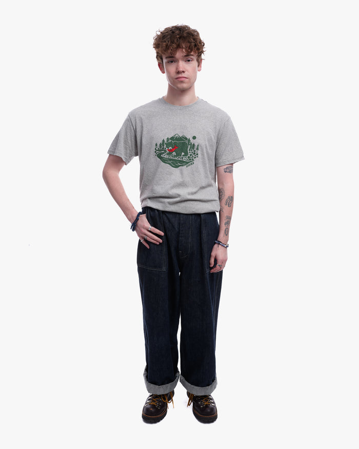 Kiriko Original Tee, 4 oz. US Made, Kuma with Embroidered Fish, Grey
