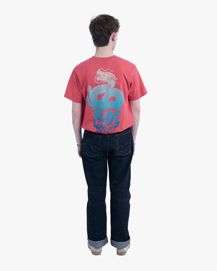 Kiriko Original Tee, 6 oz Cotton, Coral with Blue Koi Dragon