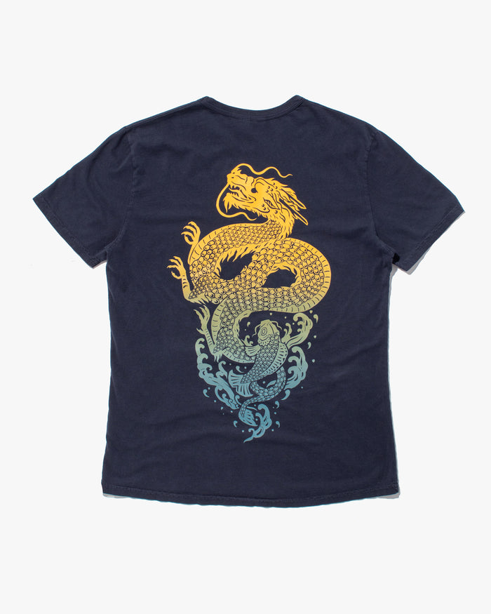 Kiriko Original Tee, 6 oz Cotton, Navy with Yellow Gradient Koi-Dragon