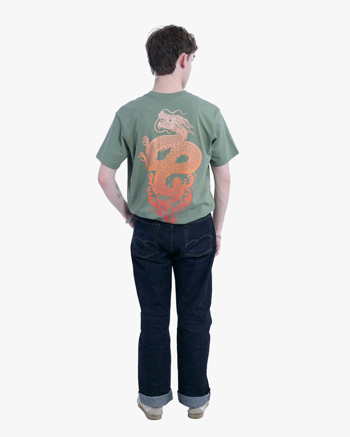 Kiriko Original Tee, 6 oz Cotton, Olive Green with Orange Koi Dragon