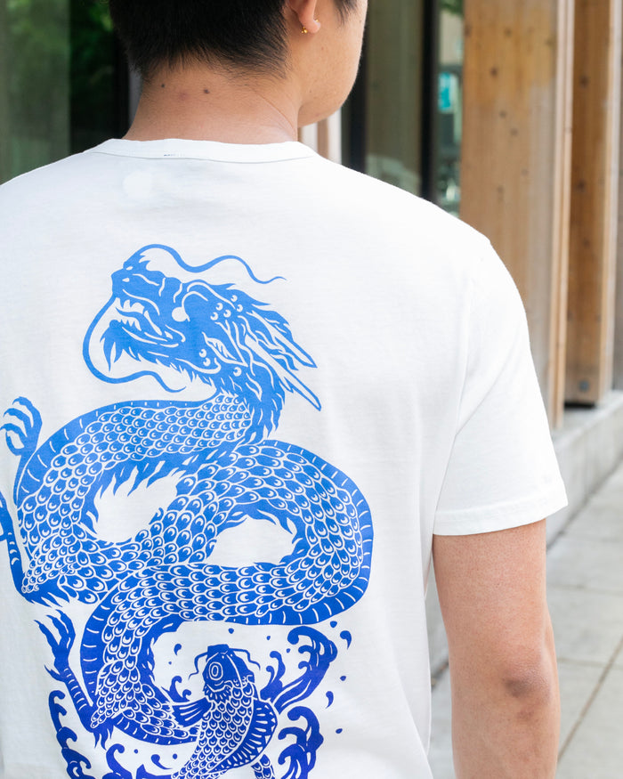 Kiriko Original Tee, 6 oz Cotton, White with Blue Gradient Koi-Dragon