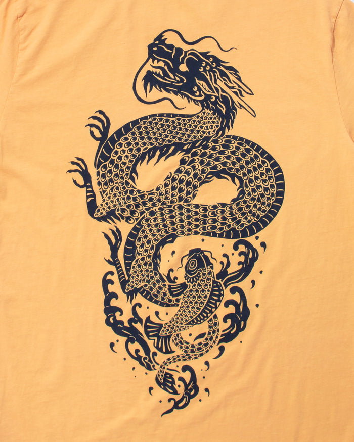 Kiriko Original Tee, 6 oz Cotton, Yellow with Indigo Koi-Dragon