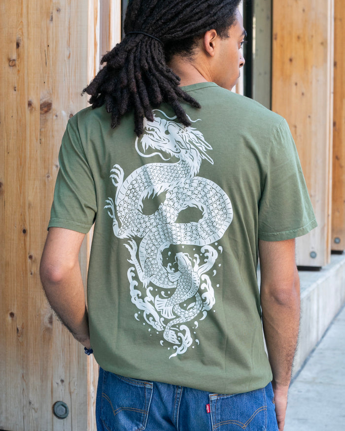 Kiriko Original Tee, 6oz Cotton, Green with Grey Koi-Dragon