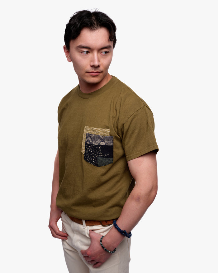 Kiriko Original Tee, 8 oz. US Made, Double Pocket Tee, Green, Yellow Shibori and Indigo Patchwork Style