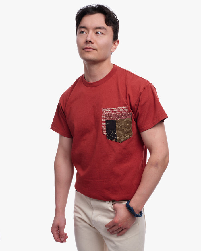 Orange red tee with red shibori and brown patchwork by Kiriko Made