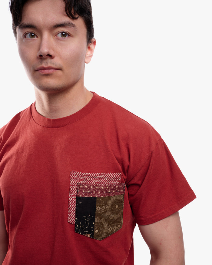 Kiriko Original Tee, 8 oz. US Made, Double Pocket Tee, Orange Red, Red Shibori and Brown Patchwork Style