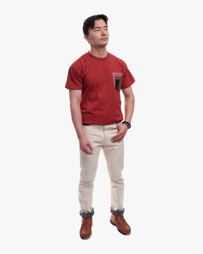 Kiriko Original Tee, 8 oz. US Made, Double Pocket Tee, Orange Red, Red Shibori and Brown Patchwork Style