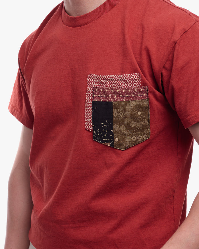 Kiriko Original Tee, 8 oz. US Made, Double Pocket Tee, Orange Red, Red Shibori and Brown Patchwork Style