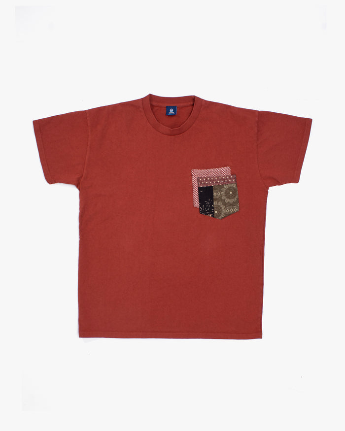Kiriko Original Tee, 8 oz. US Made, Double Pocket Tee, Orange Red, Red Shibori and Brown Patchwork Style
