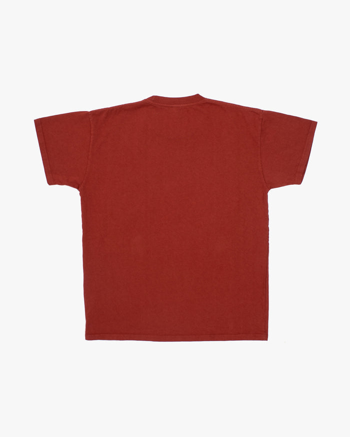 Kiriko Original Tee, 8 oz. US Made, Double Pocket Tee, Orange Red, Red Shibori and Brown Patchwork Style
