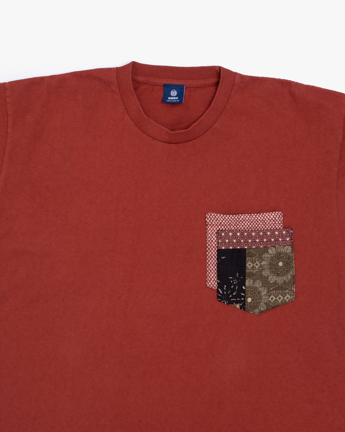 Kiriko Original Tee, 8 oz. US Made, Double Pocket Tee, Orange Red, Red Shibori and Brown Patchwork Style