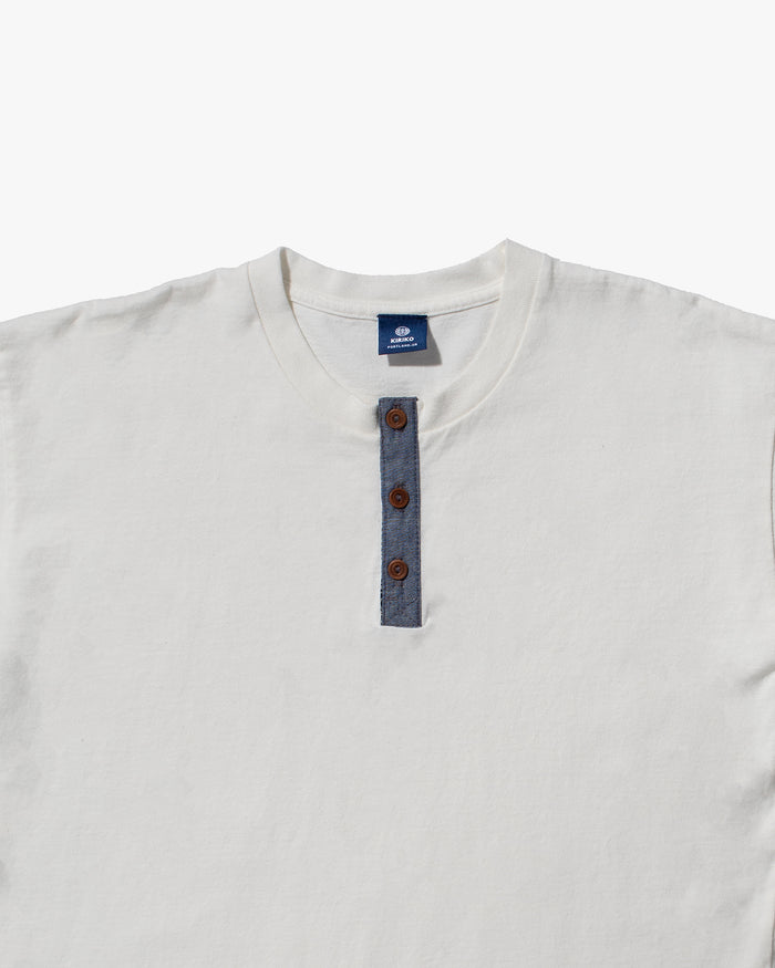Kiriko Original Tee, 8oz Cotton, Henley Tee, Cream with Denim, Nami