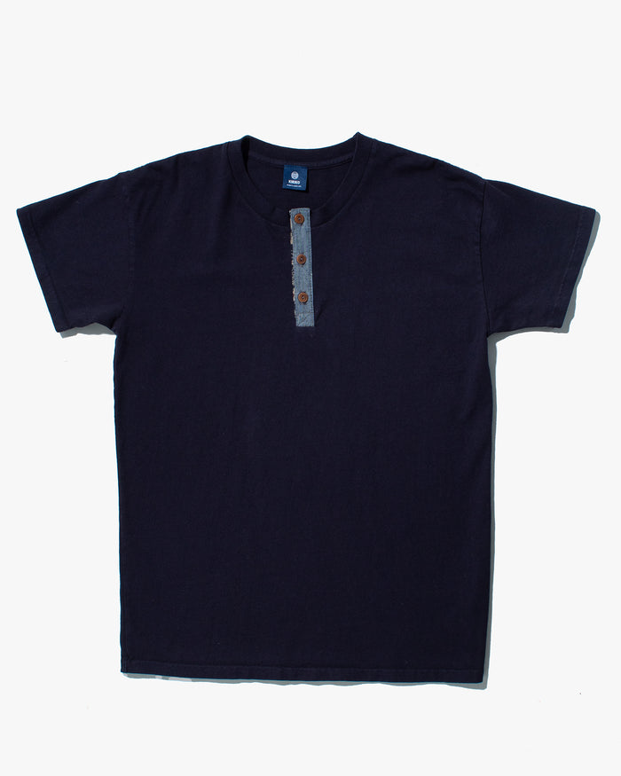 Kiriko Original Tee, 8oz Cotton, Henley Tee, Navy with Denim, Small Tsubaki