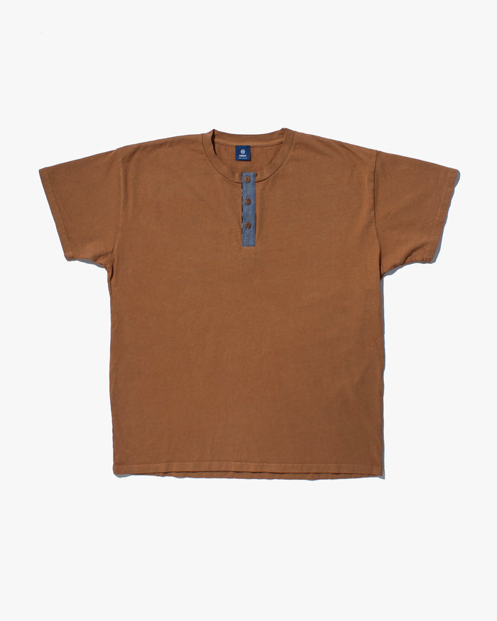 Kiriko Original Tee, 8oz Cotton, Henley Tee, Terracotta with Chambray, Indigo Shippou