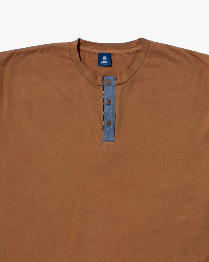 Kiriko Original Tee, 8oz Cotton, Henley Tee, Terracotta with Chambray, Indigo Shippou