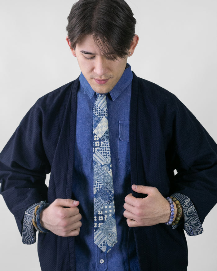 Kiriko Original Tie, Classic, Washed Indigo Patchwork Style