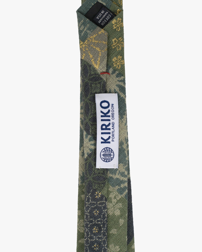 Kiriko Original Tie, Patchwork Style, Sage and Gold