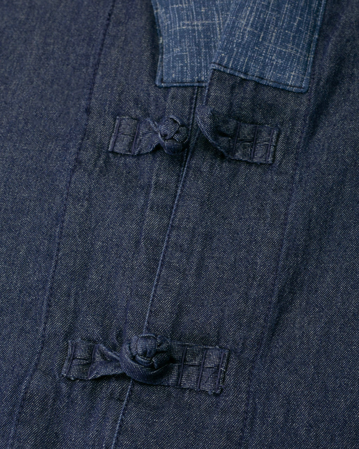 Kiriko Original Two Tone Denim Jacket, Mandarin Style, Dark Indigo with Light Indigo