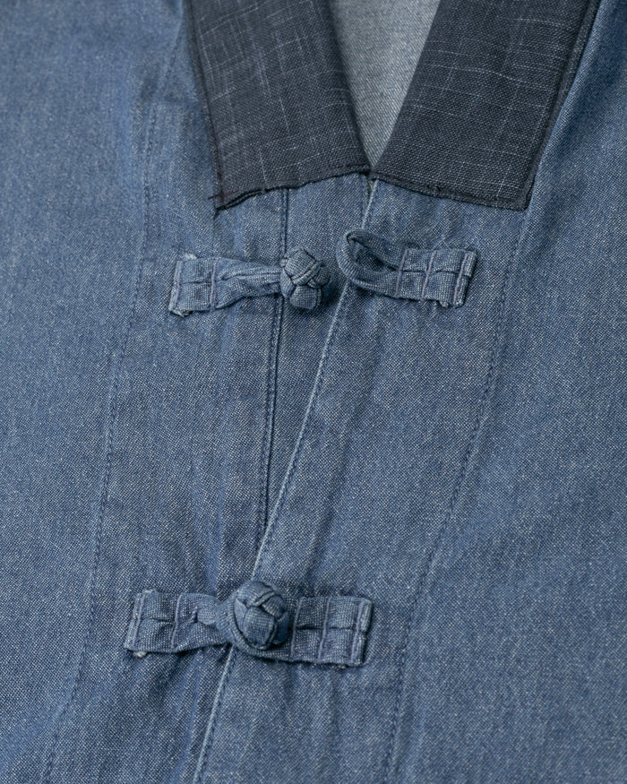 Kiriko Original Two Tone Denim Jacket, Mandarin Style, Light Indigo with Dark Indigo