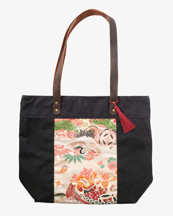 Kiriko Original Waxed Canvas Obi Tote Bag, Black, Tsuru and Kozuchi