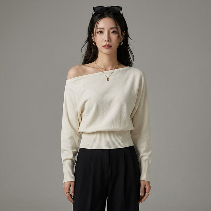 Pull tricoté beige épaule dénudée - Mode Coréenne Élégante - Taille S