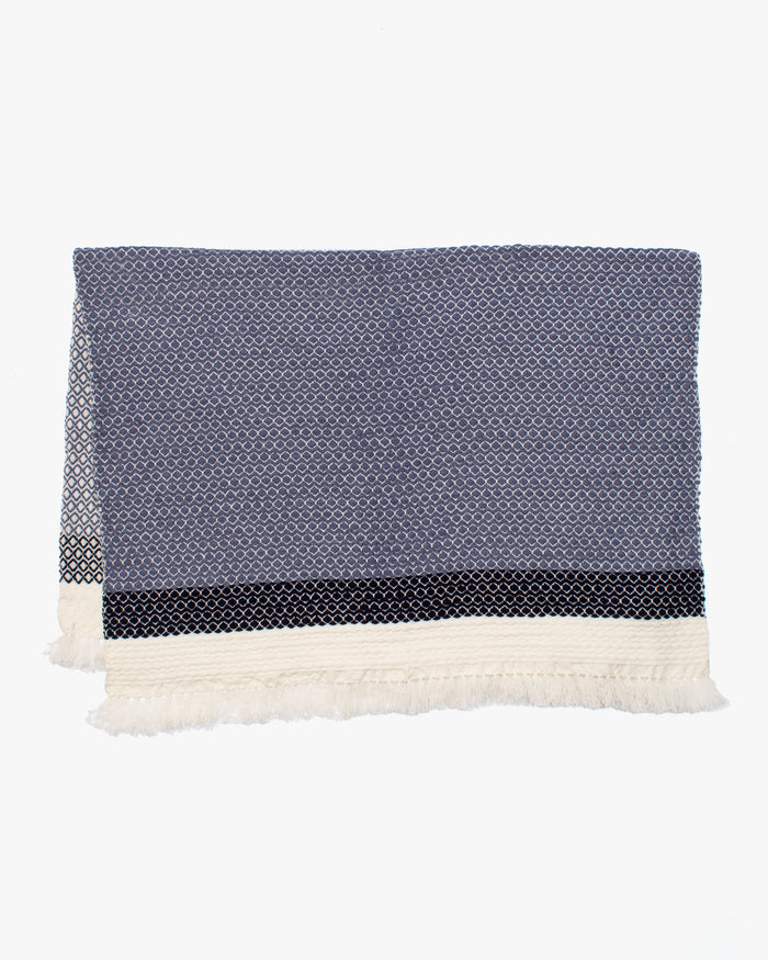 Kobo Oriza Wool Blanket Shawl, Kawari, Dotted Pattern, Wisteria, Navy and White