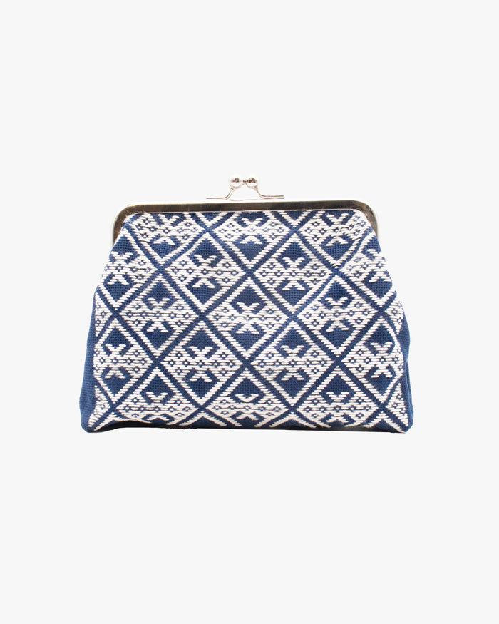 Kogin Sashiko Gamaguchi Pouch, Kind Offer, Navy with White