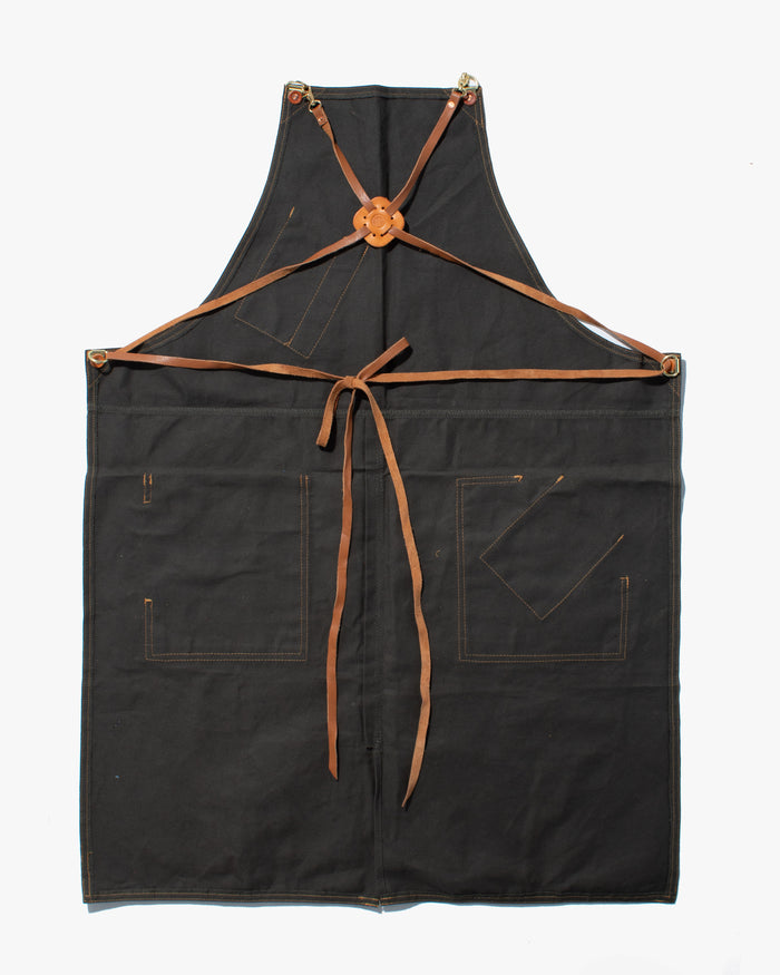 Kokoro Original Work Apron, Full, Canvas, Brown Pocket on Olive