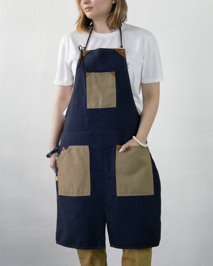 Kokoro Original Work Apron, Full, Canvas Two-Tone, Navy with Beige Pockets
