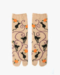 Kurochiku, Tabi Socks, Crew, Beige with Black Cat and Orange Flowers- S/M