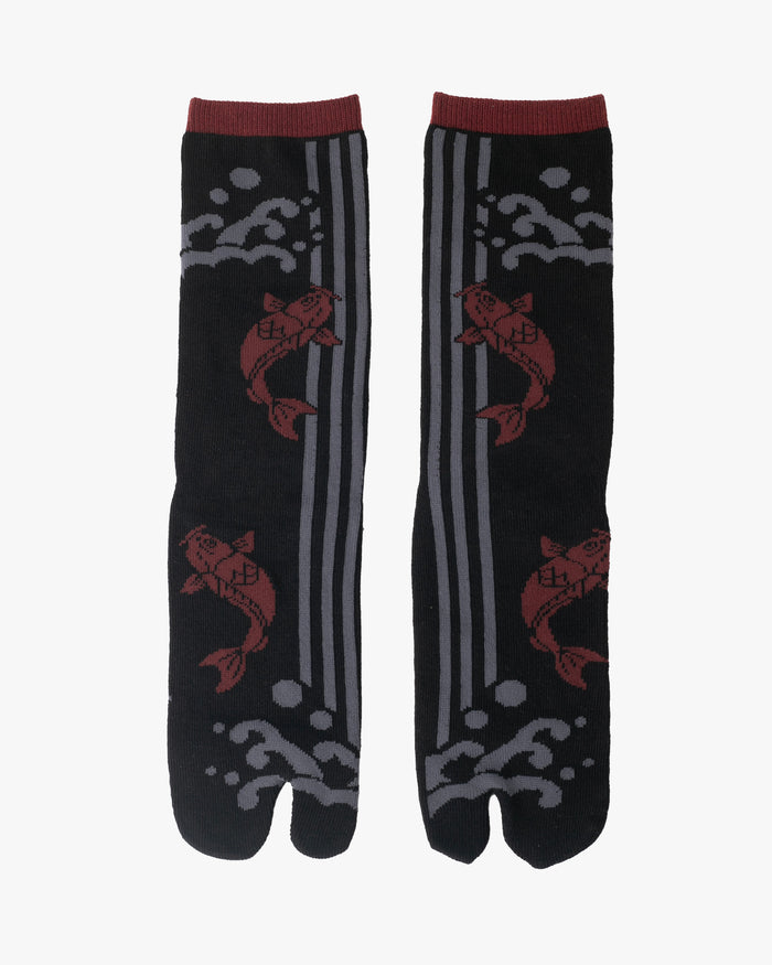 Kurochiku, Tabi Socks, Crew, Black, Gray and Red Koi - M/L