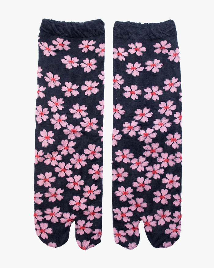 Kurochiku, Tabi Socks, Crew, Blue with Pink Flowers (S/M)