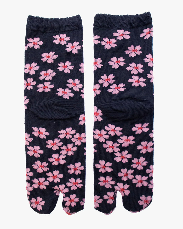 Kurochiku, Tabi Socks, Crew, Blue with Pink Flowers (S/M)