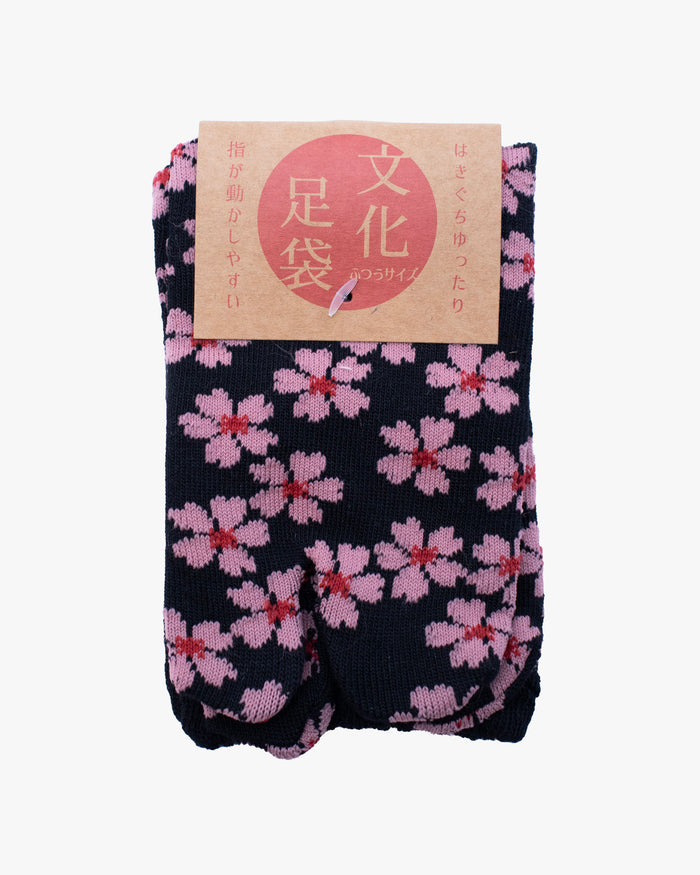Kurochiku, Tabi Socks, Crew, Blue with Pink Flowers (S/M)