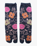 Kurochiku, Tabi Socks, Crew, Charcoal with Orange and Tan Flowers (S/M)