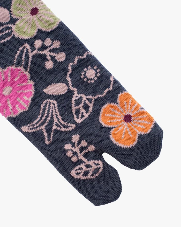 Kurochiku, Tabi Socks, Crew, Charcoal with Orange and Tan Flowers (S/M)