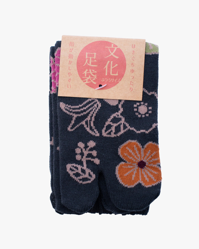 Kurochiku, Tabi Socks, Crew, Charcoal with Orange and Tan Flowers (S/M)