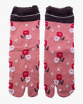 Kurochiku, Tabi Socks, Crew, Coral with Dark and Light Pink Flowers (S/M)