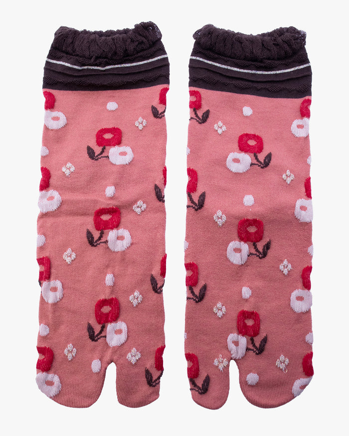 Kurochiku, Tabi Socks, Crew, Coral with Dark and Light Pink Flowers (S/M)